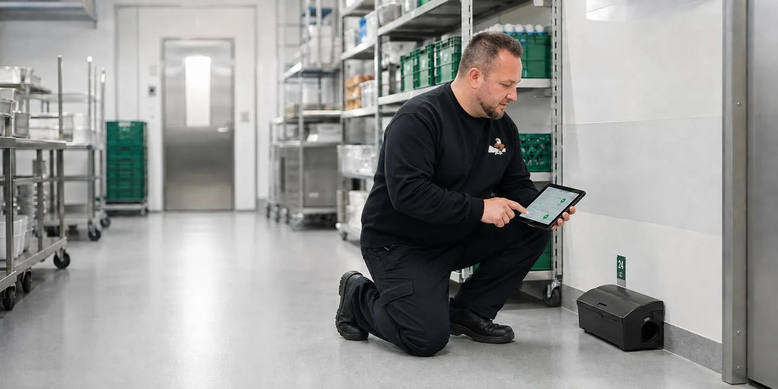 Schädlingsbekämpfer dokumentiert eine Köderstation per Tablet in einem Lagerraum